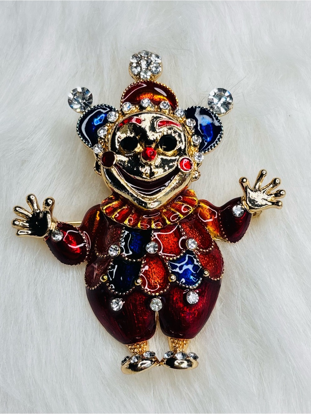 Creepy Clown Jester Rhinestone Enamel Statement Brooch